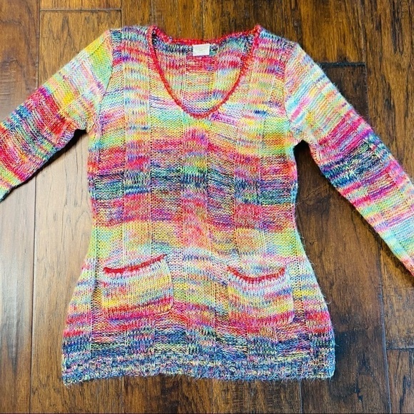 INKED & FADED Colorful Rainbow Colors V-Neck Sweater - Picture 2 of 11